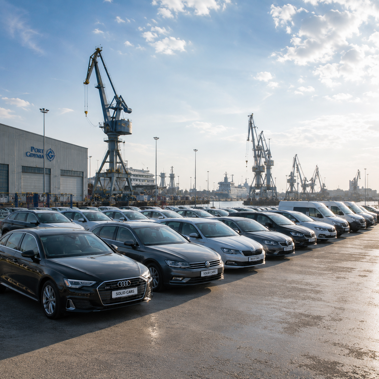 Flota samochodów Solid Cars w porcie w Gdyni